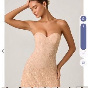 Oh Polly Strapless Sequin Dress in Peach